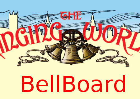 The Ringing World logo, including an outline skyline of towers, and stylised change ringing bells. Underneath, Bellboard